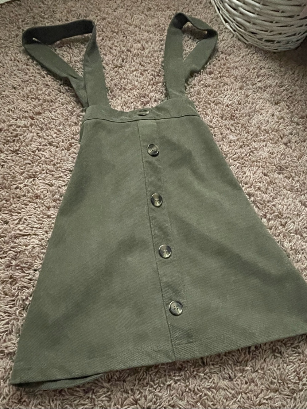 Girls Olive Green Button-Down Pinafore Dress